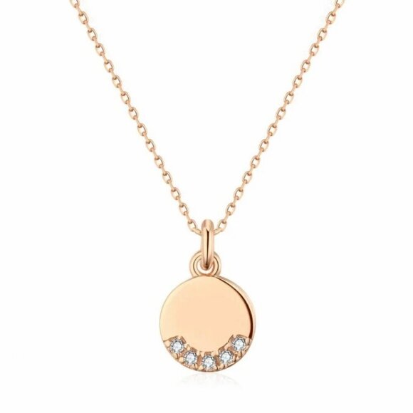 NWT Round Pendant Necklace 14K Rose Gold Plated CZ Pave Thin Chain Minimalist - Picture 1 of 12